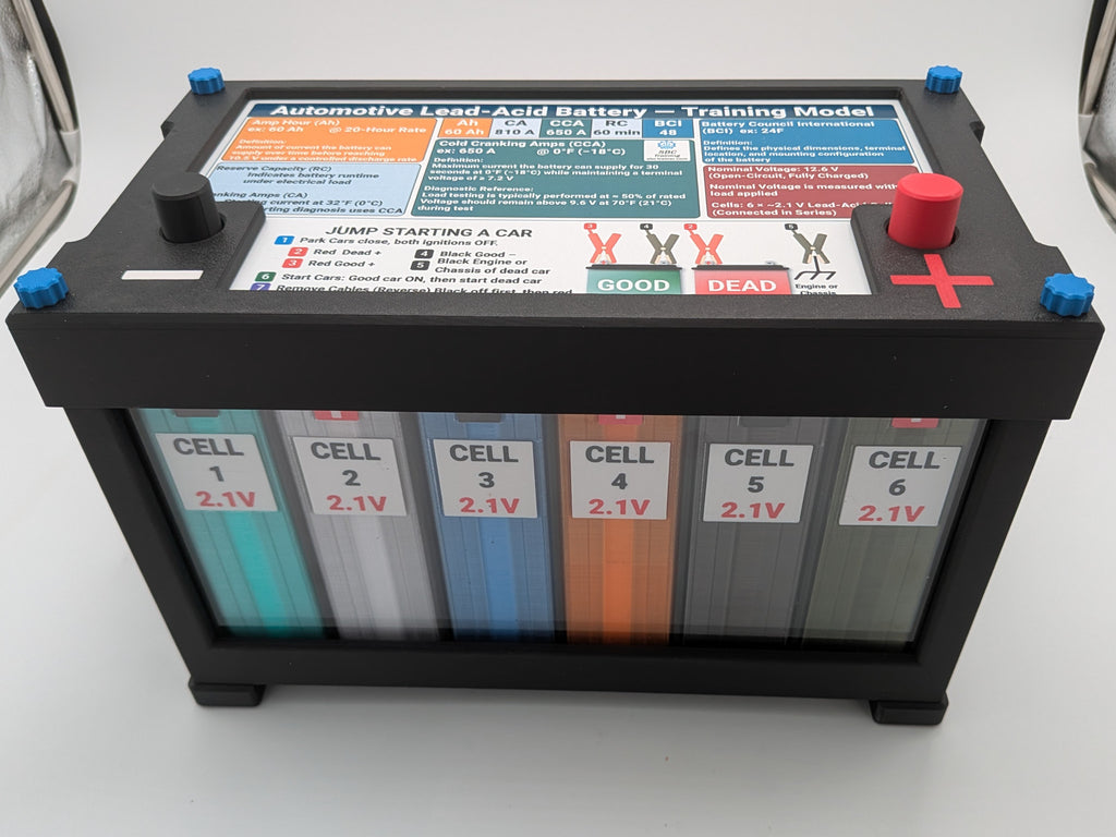 3D printed lead-acid battery training model - front view with six color-coded cells and terminal posts