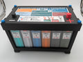 3D printed lead-acid battery training model - front view with six color-coded cells and terminal posts