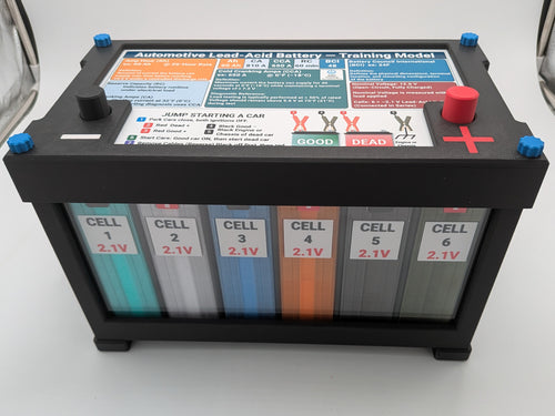 3D printed lead-acid battery training model - front view with six color-coded cells and terminal posts