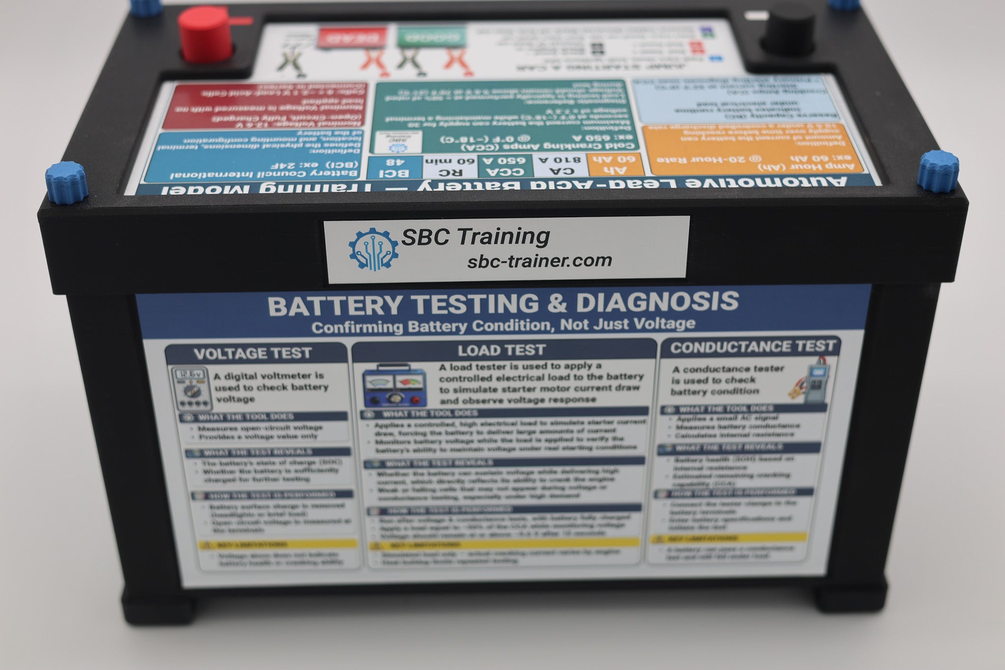 Battery Testing and Diagnosis reference label - voltage, load, and conductance tests