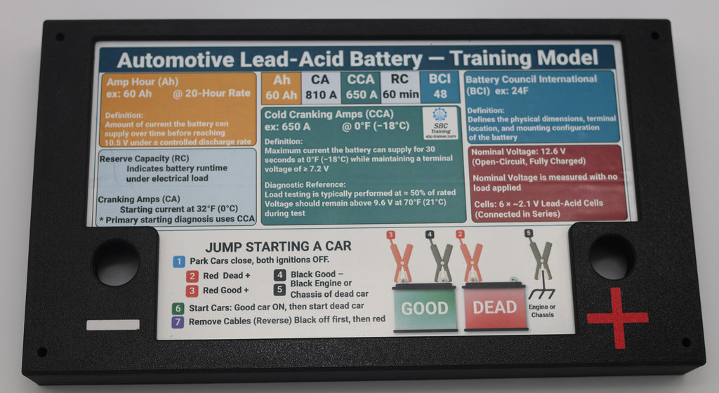 Top label close-up showing battery ratings - Ah, CA, CCA, RC, BCI and jump starting procedure