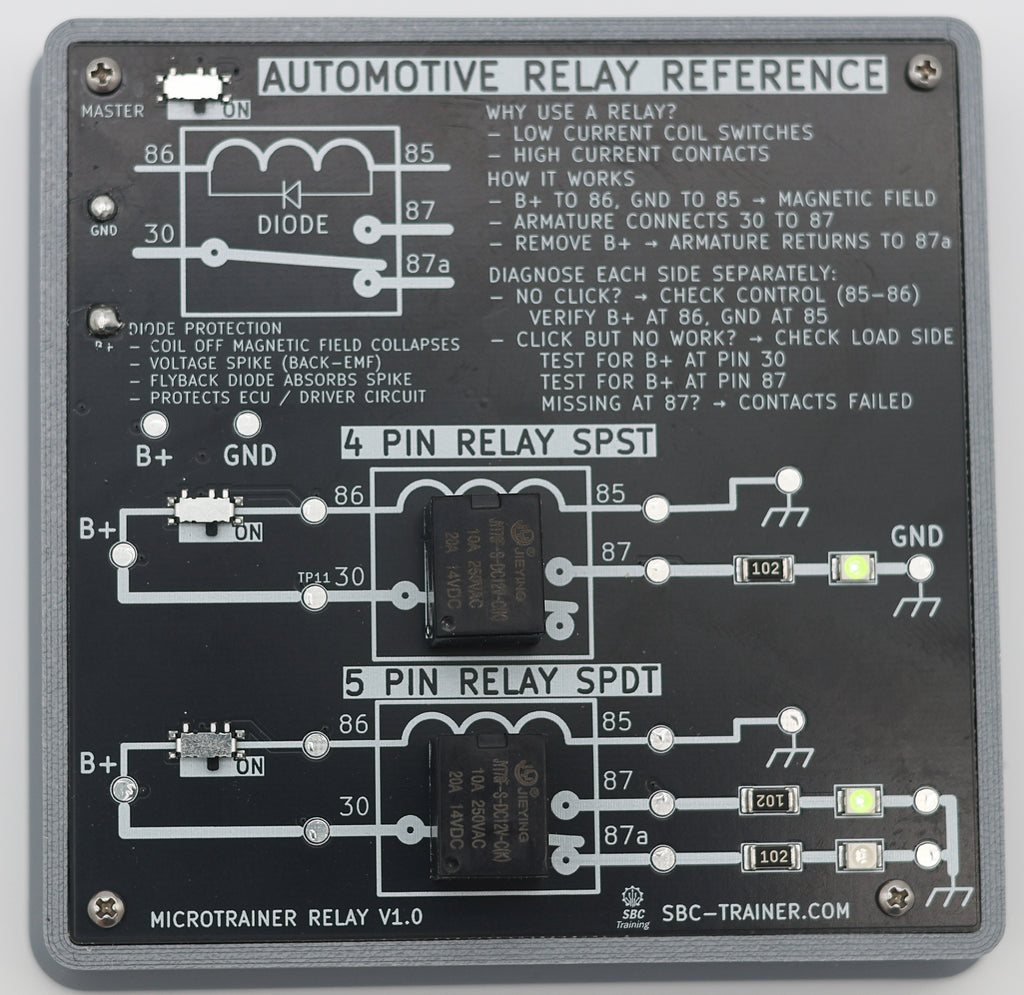 MicroTrainer Relay PCB front view - Automotive Relay Reference with 4-pin SPST and 5-pin SPDT relays