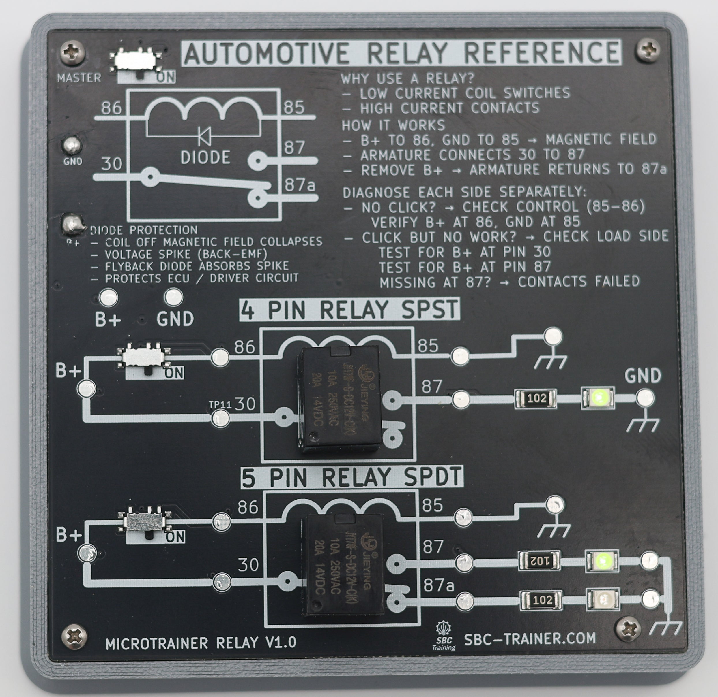 MicroTrainer Relay PCB front view - Automotive Relay Reference with 4-pin SPST and 5-pin SPDT relays