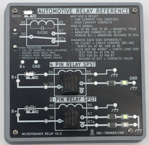 MicroTrainer Relay PCB front view - Automotive Relay Reference with 4-pin SPST and 5-pin SPDT relays