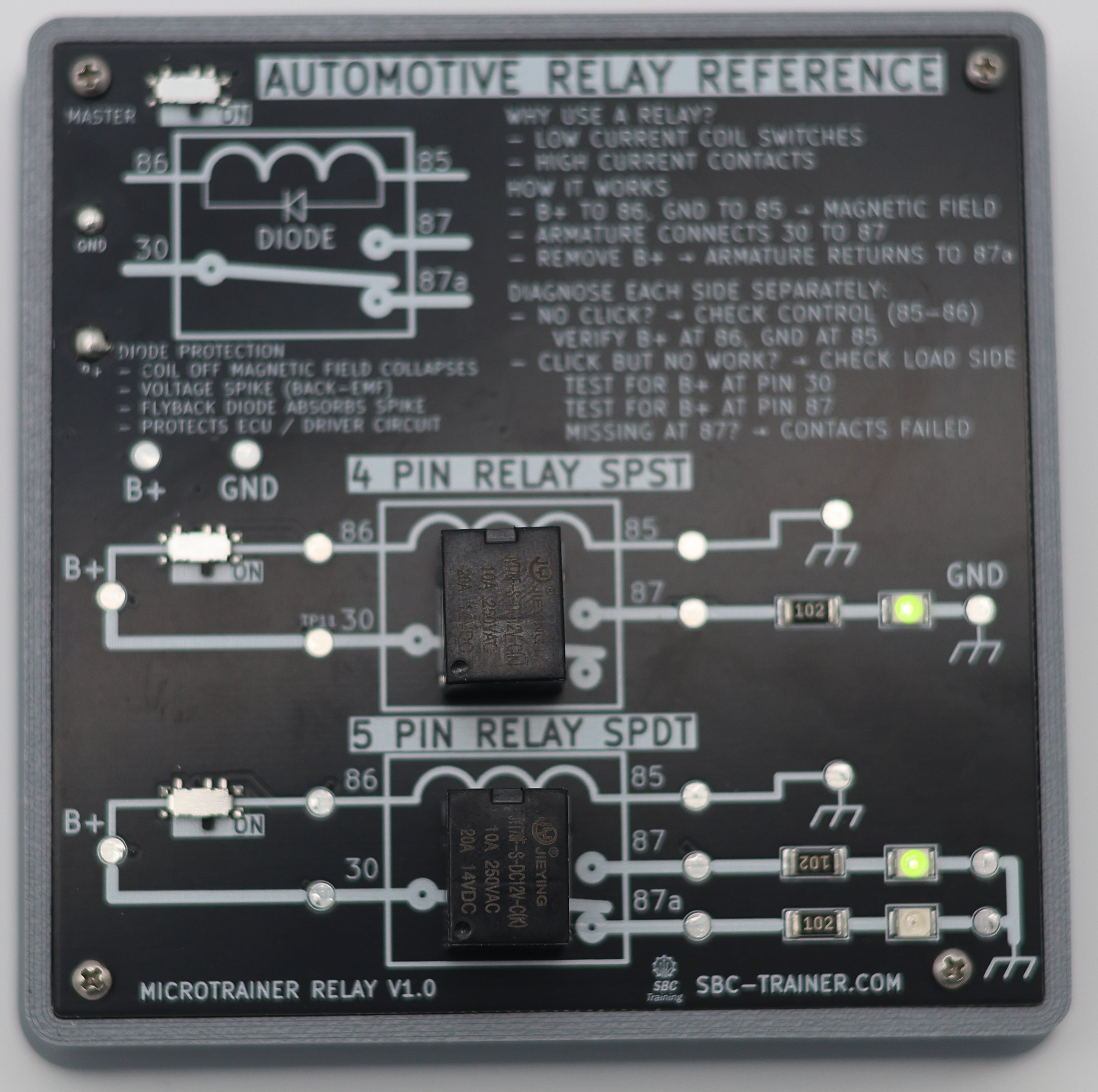 MicroTrainer Relay front angle view in 3D-printed gray base